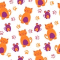 Seamless pattern with cute cartoon cats, mice and paws.