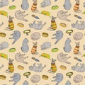 Seamless pattern with cute cartoon cats and supplies. Hand drawn colored vector illustration isolated on yellow Royalty Free Stock Photo