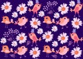 Seamless pattern with cute cartoon chickens, leaves and flowers on dark blue background. Print for fabric, wallpaper for baby Royalty Free Stock Photo