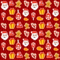 Seamless pattern with cute cartoon Christmas mittens, candy cane, holly berries, smiling snowman and red stocking xmas Royalty Free Stock Photo