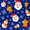 Seamless pattern with cute cartoon Christmas mittens, candy cane, holly berries, smiling snowman and red stocking xmas Royalty Free Stock Photo