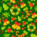 Seamless pattern with cute cartoon Christmas mittens, candy cane, holly berries, smiling snowman and red stocking xmas Royalty Free Stock Photo