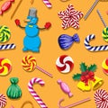 Seamless pattern with cute cartoon Christmas snowman, candy cane. Vector image