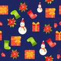 Seamless pattern with cute cartoon Christmas snowman, gifts, poinsettia, mittens and red, green stocking. Royalty Free Stock Photo