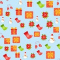 Seamless pattern with cute cartoon Christmas snowman, gifts, poinsettia, mittens and red, green stocking. Royalty Free Stock Photo