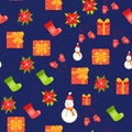 Seamless pattern with cute cartoon Christmas snowman, gifts, poinsettia, mittens and red, green stocking. Royalty Free Stock Photo