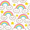 Seamless pattern with cute cartoon clouds with rainbows and stars