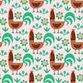 Seamless pattern with cute cartoon cocks. Vector background.