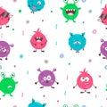 Seamless pattern of cute cartoon colorful monsters with different emotions. Funny emoticons emojis collection for kids