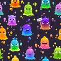 Seamless pattern with cute cartoon colorful slimy characters and blobs.