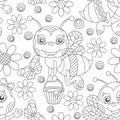 Seamless illustration with  cute cartoon dark contour bees, flowers and honeycombs, an insect on a white background Royalty Free Stock Photo