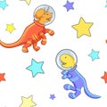 Seamless pattern with cute cartoon dinosaurs astronauts and colorful stars on white background Royalty Free Stock Photo