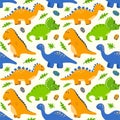 Seamless pattern with cute cartoon dinosaurs and eggs. Kids background with hand-drawn dinos and green palm leaves