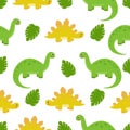 Seamless pattern with cute cartoon dinosaurs and leaves.