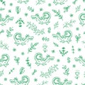 Seamless pattern with cute cartoon dinosaurs and plants on white background. Floral print. Funny dragons in the meadow.