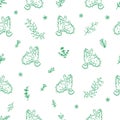 Seamless pattern with cute cartoon dinosaurs and plants on white background. Floral print. Funny dragons in the meadow. Herbal. Royalty Free Stock Photo