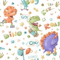 Seamless pattern. Cute cartoon dinosaurs. Print for the children's room