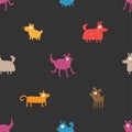 Seamless pattern with cute cartoon dogs on dark background. Funny colorful animals. Joyful vector puppies.