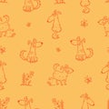 Seamless pattern with cute cartoon dogs on orange background. Funny puppies are walking in nature. Print with joyful animals. Vect