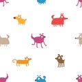 Seamless pattern with cute cartoon dogs on white background. Funny colorful animals. Joyful vector puppies.