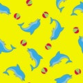 Seamless pattern cartoon dolphin playing with a colorful ball with yellow background