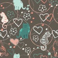 Seamless pattern with cute cartoon doodle cats on brown background. Little colorful kittens. Funny animals. Children`s Royalty Free Stock Photo