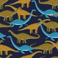 Seamless pattern with cute cartoon doodle dinosaurs, diplodocus, giraffe titan and plesiosaur. Adorable children design.