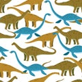 Seamless pattern with cute cartoon doodle dinosaurs, diplodocus, giraffe titan and plesiosaur. Adorable children design.