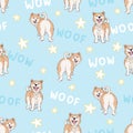 Seamless pattern with cute cartoon drawing dogs akita, funny adorable pets, on blue background with stars, perfect for kids