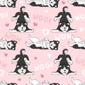 Seamless pattern with cute cartoon drawing dogs husky or alaskan malamute, funny adorable pets, on pink background with hearts, Royalty Free Stock Photo