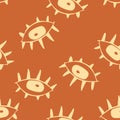 Beige graphic drawnig of eyeballs with eyelashes on brown background.