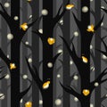 Seamless pattern with cute cartoon fireflies flying among trees in the dark forest. Flat vector illustration Royalty Free Stock Photo