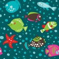 Seamless pattern with cute cartoon fish on a green background