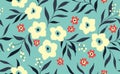 Seamless floral pattern, winter ditsy print with cute plants: small white flowers, leaves, berries on blue. Vector. Royalty Free Stock Photo