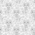 Seamless illustration with cute cartoon foxes, raccoons and flowers, dark animal outlines on a white background