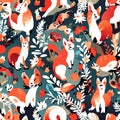 Seamless pattern with cute cartoon foxes. Vector illustration. Generative AI