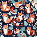 Seamless pattern with cute cartoon foxes. Vector illustration. Generative AI