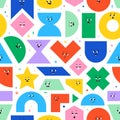 Seamless pattern with cute cartoon geometric figures with different face emotions. Colorful funny characters, trendy