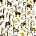 Seamless pattern with cartoon giraffes and plantes