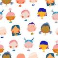 Seamless Pattern with Cute Cartoon Girls and Boys Portraits Different Nations