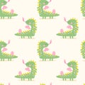 Seamless pattern with a cute cartoon green dragon. Vector illustrations Royalty Free Stock Photo