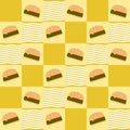 Seamless pattern. Cute cartoon hamburger on a checkered yellow background. For tablecloth pattern, dining room decoration, kitchen