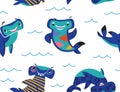 Seamless pattern with cute cartoon hammerhead sharks. Vector illustration