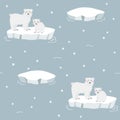 Seamless pattern with cute cartoon hand draw polar bear and baby bear on ice floe on blue background. Arctic animal Royalty Free Stock Photo