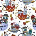 Seamless pattern cute cartoon house, planet, car and comet. Royalty Free Stock Photo