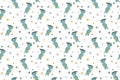 Seamless pattern of cute cartoon joyful parasaurolophus standing on its hind legs in profile, monstera leaves and circles. Repeati