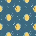 Seamless pattern, cute cartoon kawaii zebrafish and bubbles in the water. Background, children\'s print