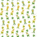 Seamless pattern with cute cartoon leprechauns flying on shamrock