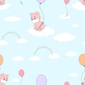 Seamless pattern cute cartoon little piggy wearing medical face mask hanging with balloon,vector illustration of pink piglet Royalty Free Stock Photo