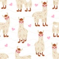 Seamless pattern of cute cartoon llamas in pink glasses on white background